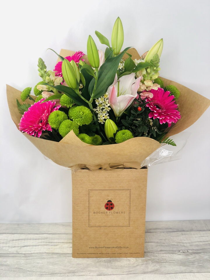 <h2>Bright Summer Flowers - Hand Delivered</h2>
<br>
<ul>
<li>Hand arranged by our florists into a beautiful hand-tied bouquet</li>
<li>To give you the best occasionally we may make substitutes</li>
<li>Our flowers backed by our 7 days freshness guarantee</li>
<li>Approximate dimensions 40cmx40cm</li>
<li>This product is ONLY available for delivery Liverpool areas that we would cover ourselves. So postcodes beginning with L1 L2 L3 L4 L5 L6 L7 L8 L11 L12 L13 L14 L15 L16 L17 L18 L19 L24 L25 L26 L27 L36 L70</li>
</ul>
<p>These beautiful scented flowers hand arranged by our professional florists into a handtied bouquet are a delightful choice from our new Summer collection. This bright bouquet of lilies and gerberas flowers would make the perfect gift to let someone know you are thinking of them.</p>
<p>Featuring 2 oriental lilies 3 cerise gerberas 2 snapdragons 3 green spray chrysantheums and wax flower all hand arranged with mixed foliage into a handtied bouquet and presented in eco-friendly giftwrap and presentation box. Plus all our bouquets and plants have a small wooden ladybird hidden in somewhere so dont forget to spot the ladybird on our social media pages!</p>
<h3>Liverpool Flower Delivery</h3>
<p>We are open 7 days a week and offer advanced booking flower delivery same day flower delivery 3 hour Flower delivery guaranteed AM PM or Evening Flower Delivery and offer Sunday Flower Delivery.<br /><br /></p>
<h3>The best florist in Liverpool</h3>
<p>Come to Booker Flowers and Gifts Liverpool for your Beautiful Flowers and Plants if you really want to spoil we also have a great range of Local Gin Wines Champagne Balloons Vases and Chocolates that can be delivered with your flowers. To see the full range see our extras section. You can trust Booker Flowers and Gifts can deliver the very best for you.</p>